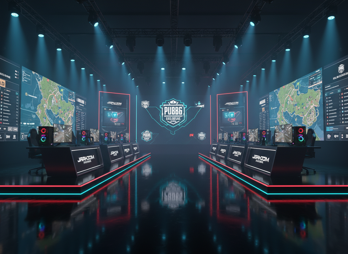 A sleek competition stage for a PUBG esports tournament, built without visible players, featuring two opposing rows of high-end gaming setups: matte-black PCs with RGB interiors, ultra-wide curved monitors frozen on a dramatic PUBG endgame circle, and branded “Jarkom Esports Arena” desk panels glowing in white. The stage floats above a glossy black floor that reflects vibrant red and cyan LED strips. Massive vertical screens behind the desks display stylized maps, kill-feed graphics, and tournament logos. Overhead rigging with cool-blue spotlights and subtle haze creates cinematic light beams cutting through the darkness. The mood is bold, intense, and high-stakes. Shot from a slightly low, center-stage perspective with a deep depth of field, emphasizing symmetry and the grandeur of a world-class esports arena, in a clean, hyper-real cinematic style.