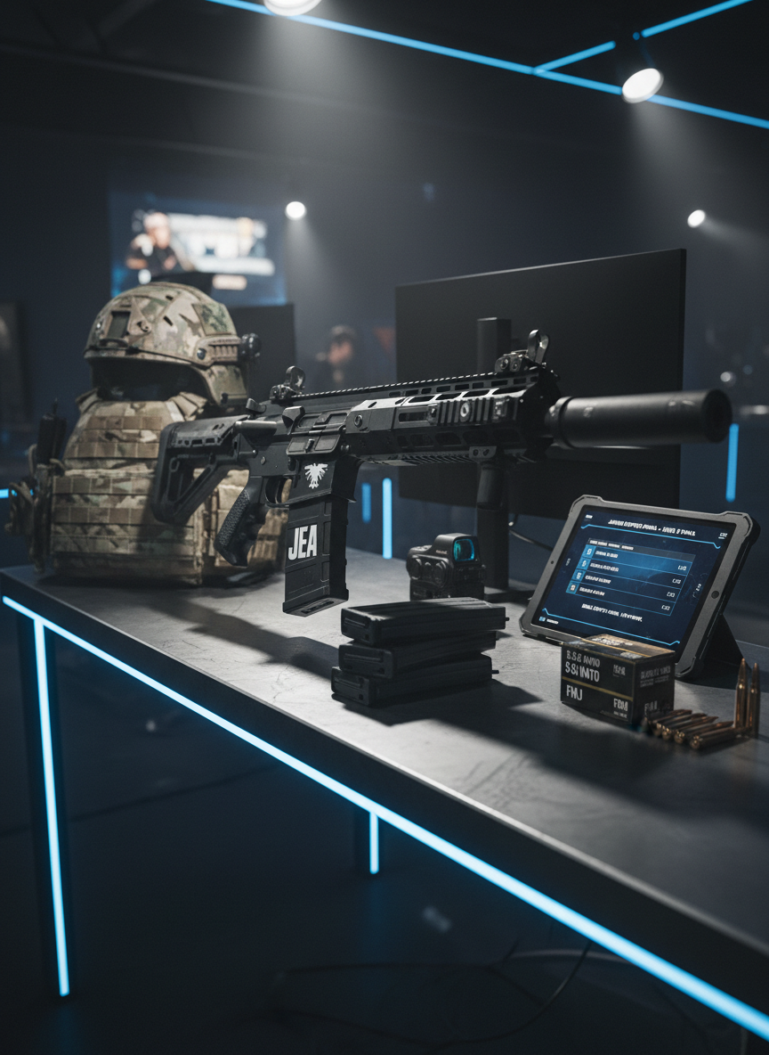 A close-up cinematic shot of a meticulously detailed PUBG tactical loadout laid out on a rugged metal equipment table. A polished, customized assault rifle with matte-black finish, angular attachments, and a bold “JEA” (Jarkom Esports Arena) insignia is centered, surrounded by level 3 helmet, textured Kevlar vest, holographic sight, and stacks of 5.56 ammo with crisp labeling. A digital tablet beside the gear displays a minimalist tournament leaderboard and rules overlay. Harsh, directional overhead lighting carves sharp highlights along the weapon edges and creates deep, dramatic shadows, with subtle blue accent lights suggesting an esports studio environment. The atmosphere is tense and competitive, with a bold, high-contrast cinematic look. Captured at a low, side angle with shallow depth of field, the foreground gear razor-sharp and the background falling into a soft, moody blur.