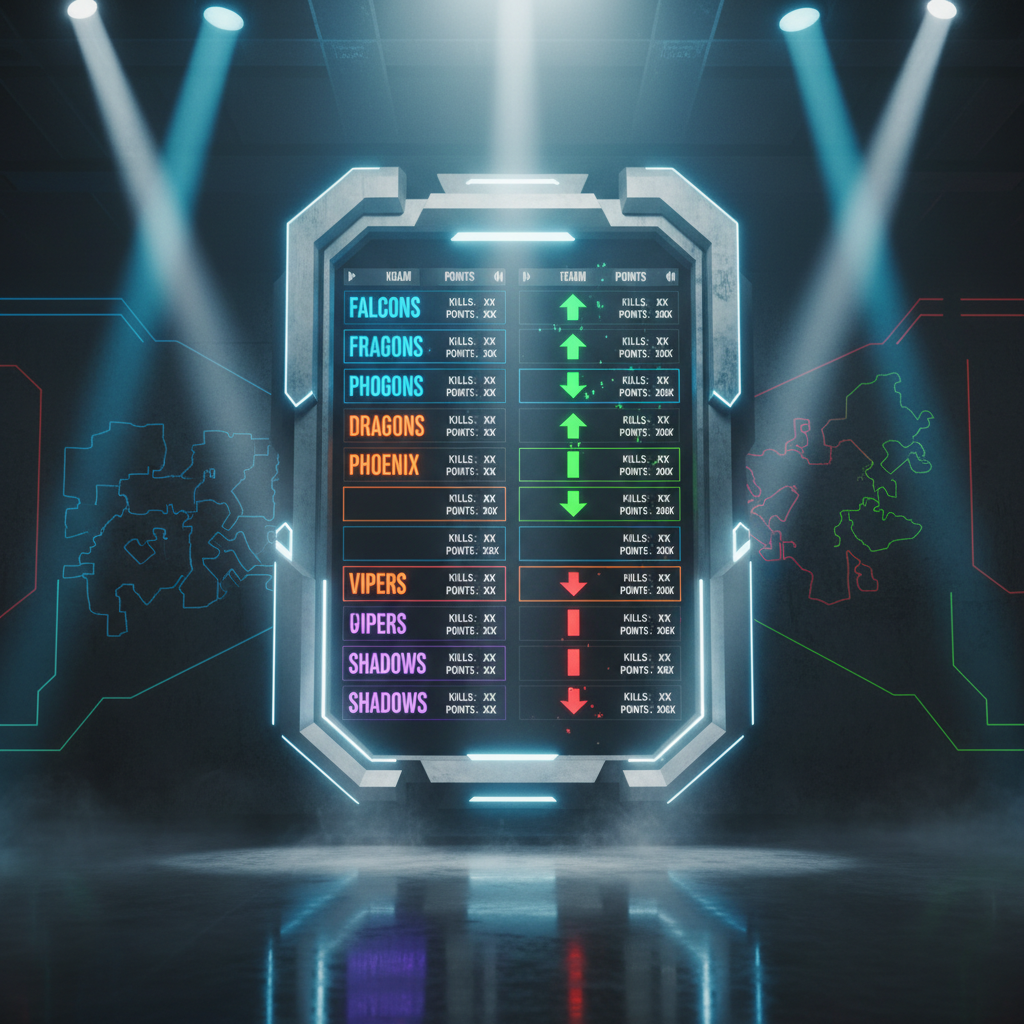 A stylized digital leaderboard wall for a PUBG tournament inside the Jarkom Esports Arena, rendered as a towering vertical display of metallic panels and holographic tiles. Each tile shows team names, kill counts, and placement points in bold, high-contrast typography, with vibrant color coding and animated arrows indicating rank changes. The wall floats slightly above a reflective obsidian floor, surrounded by subtle fog that catches beams of cool-white and cyan spotlights from above, creating a powerful cinematic glow. In the background, abstracted silhouettes of PUBG maps are etched into dark walls with faint neon outlines. The atmosphere is intense and competitive, emphasizing clarity and precision. Captured head-on with a symmetrical composition, medium-wide framing, and sharp focus, the image feels like a central hub of tournament information, presented in a sleek, bold, futuristic broadcast style.