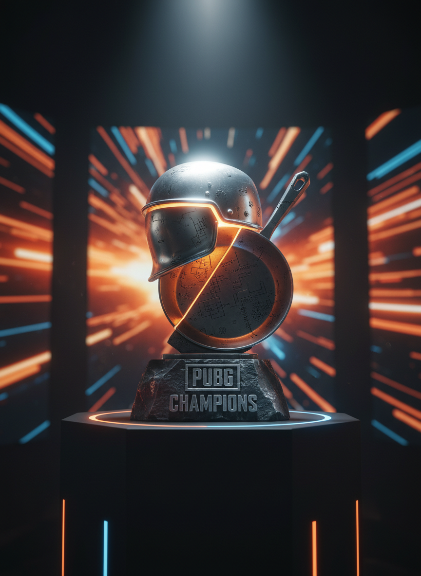 A dramatic, cinematic close-up of a glowing, metallic PUBG trophy custom-designed for the Jarkom Esports Arena. The trophy combines the silhouette of a level 3 helmet and a frying pan, fused into a sharp, angular sculpture with brushed steel surfaces and deep engravings of map coordinates. It stands on a heavy, dark stone base etched with “PUBG Champions” in bold lettering. The trophy is positioned on a matte-black podium in front of a blurred background of giant LED panels showing abstract orange and blue light streaks. A single intense spotlight from above creates a brilliant highlight on the helmet curve and strong shadows beneath, while subtle side LEDs add a faint neon rim light. The mood is grand, victorious, and bold. Shot from a low angle with shallow depth of field for maximum drama, in a photorealistic, high-contrast cinematic style.