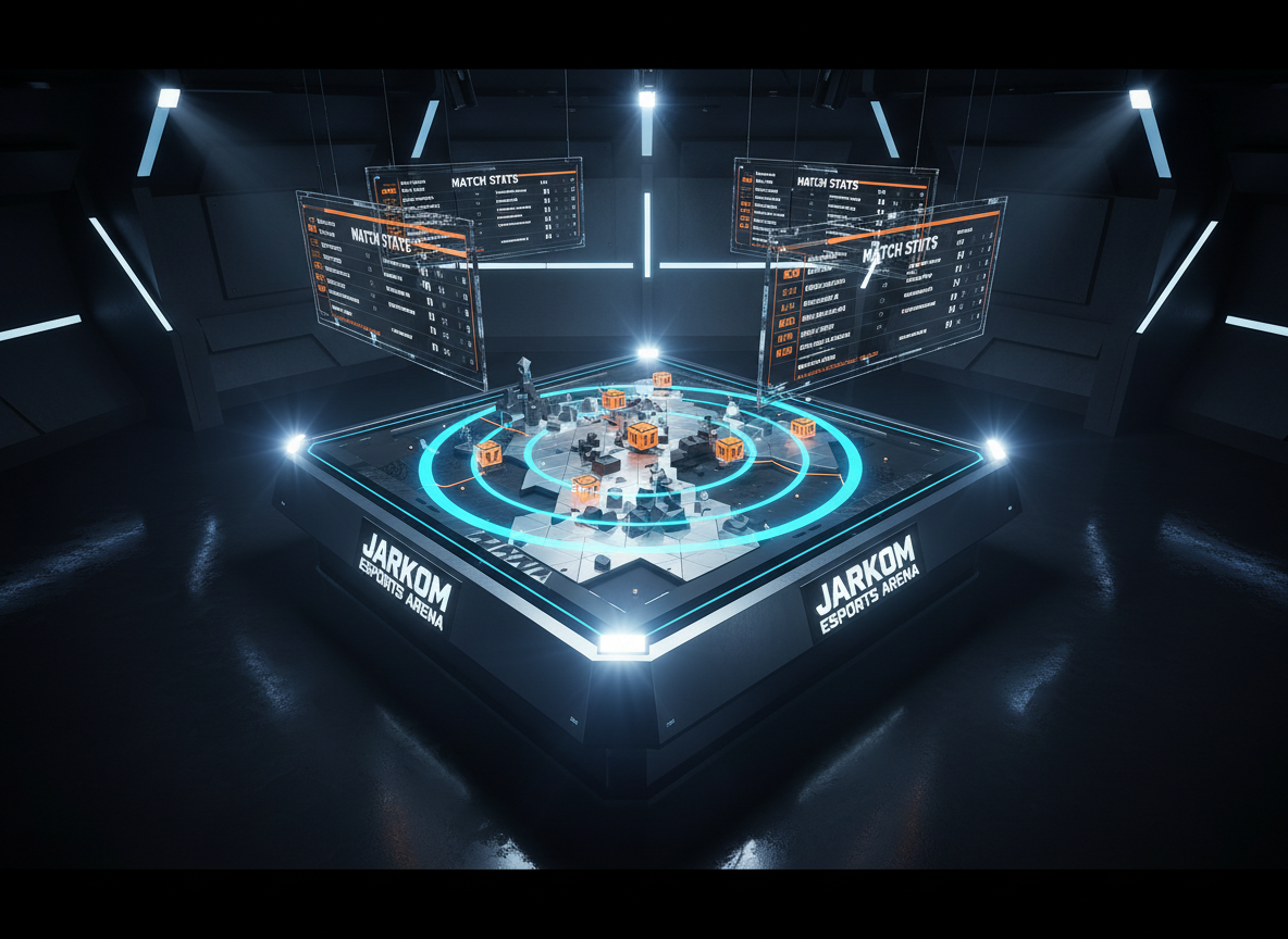 A dramatic overhead view of a stylized PUBG esports arena map rendered as a 3D holographic battlefield table. Metallic terrain tiles, glowing loot crate icons, and neon-blue safe zone rings hover above a brushed gunmetal platform labeled “Jarkom Esports Arena.” The environment is a dark, futuristic command room with angular LED panels and suspended displays showing minimalist leaderboards and match stats in bold typography. Intense, directional spotlights carve sharp highlights along the holographic edges, casting electric reflections on the floor. The atmosphere is bold and cinematic, with deep shadows and saturated blues and oranges. Captured in ultra-wide, cinematic aspect ratio, with crisp focus throughout and a slightly low, heroic camera angle that makes the battlefield feel grand and competitive. Photorealistic, high-contrast, esports broadcast aesthetic.