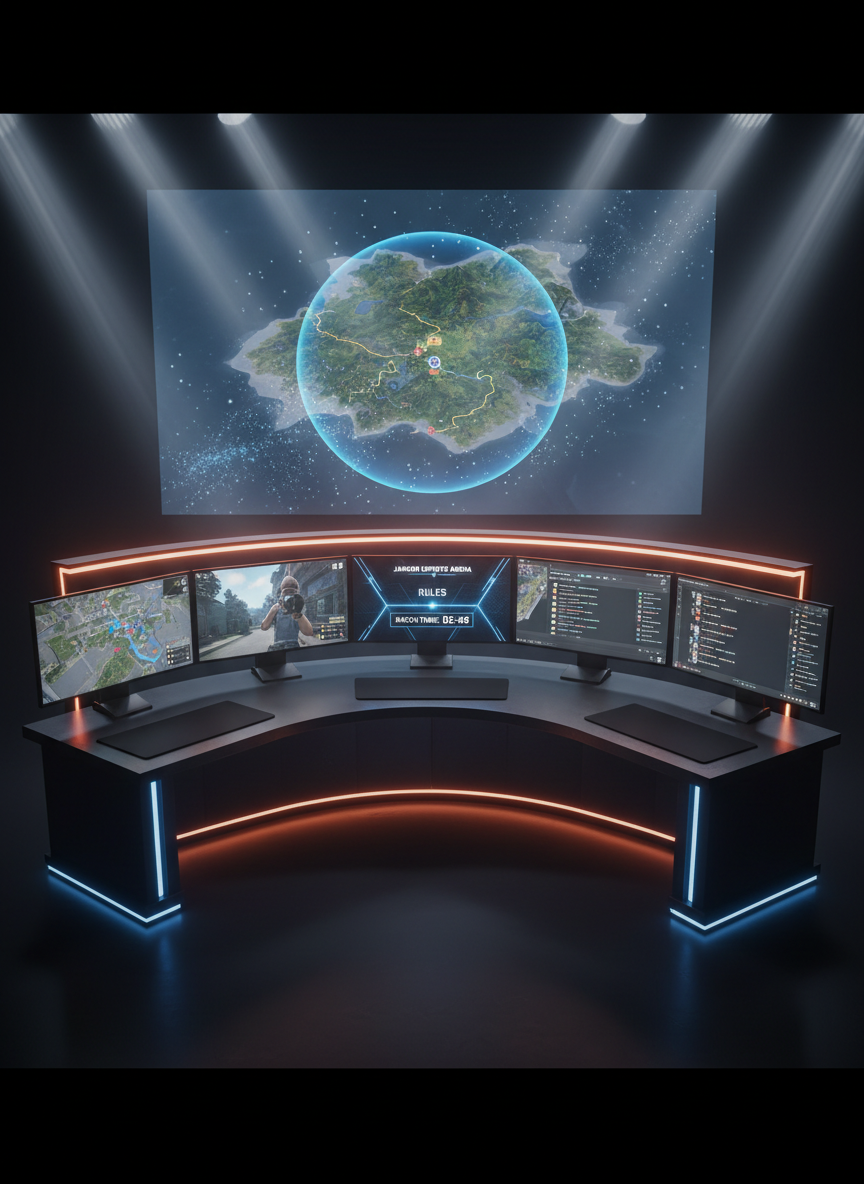 A futuristic control desk dedicated to PUBG esports broadcasting, devoid of operators, featuring multiple ultra-thin monitors arranged in a sweeping arc. Each screen shows frozen moments from different in-game perspectives, tactical maps, live Twitch chat windows, and cleanly designed Jarkom Esports Arena overlays with rules and match timers. The desk surface is a dark brushed aluminum with subtle reflections, accented by pulsating neon-orange and electric-blue edge lighting. Behind the desk, a massive translucent screen projects a stylized shrinking circle over Erangel. Soft but directional studio lighting from above and behind creates a vivid rim light along the monitor edges and desk contours, adding depth and drama. The scene feels bold, high-tech, and strategic. Shot from an elevated three-quarter view in a cinematic, ultra-wide composition, with sharp focus and a polished, photorealistic esports production aesthetic.